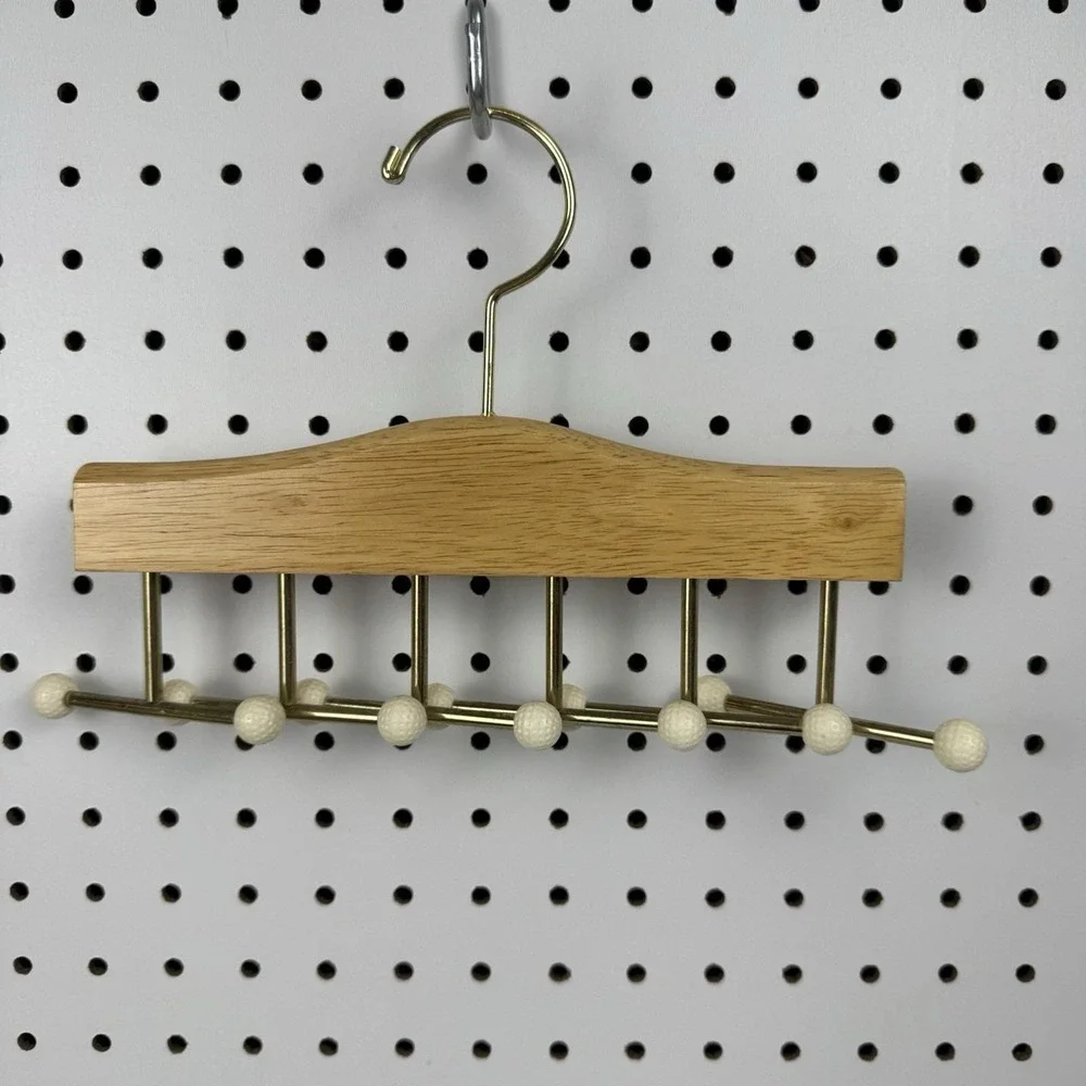 Vtg Mid Century Golf Ball Tie Belt Rack‎ Wood Brass Wall Organizer